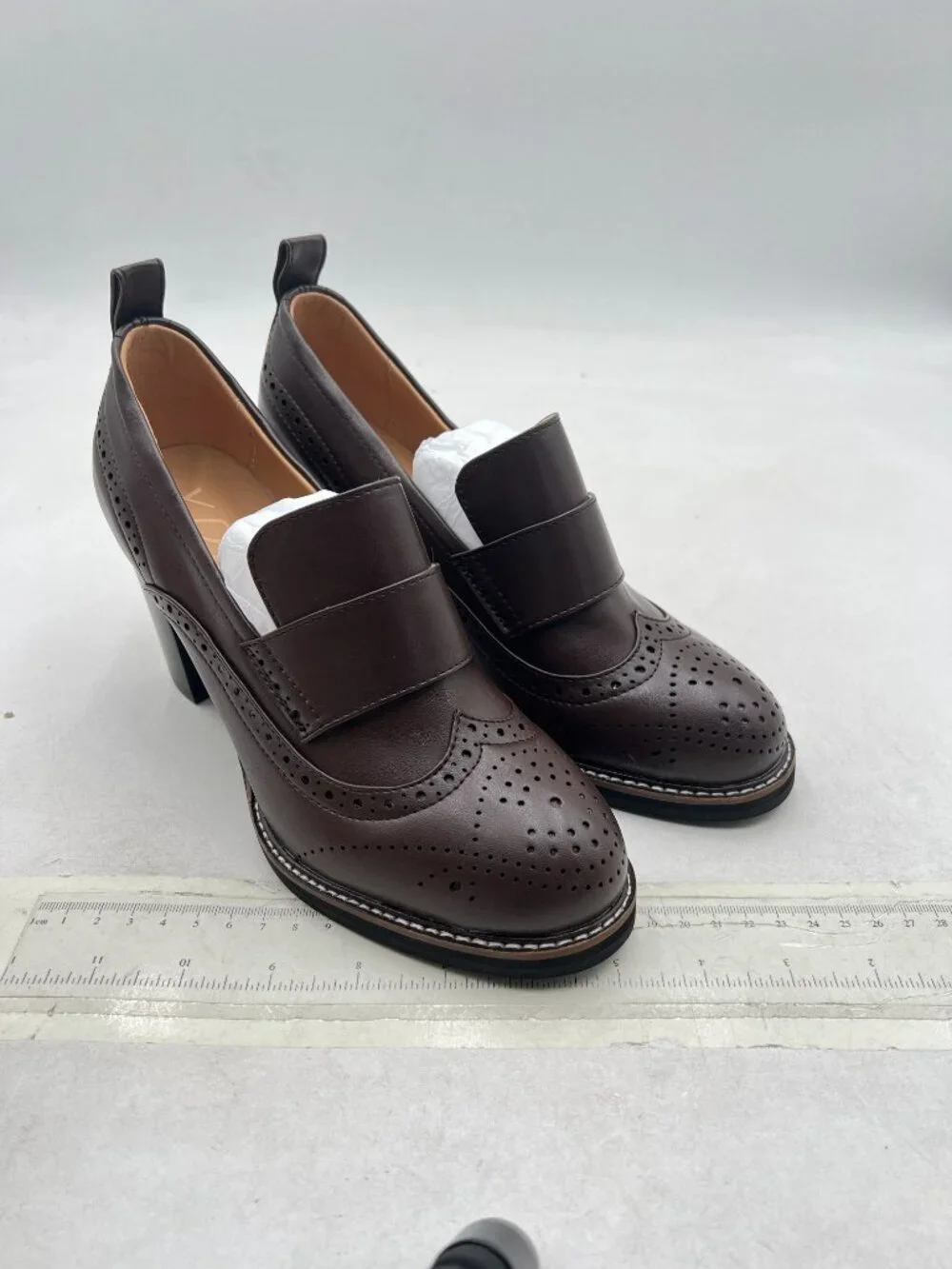YDN Saddle Brown Chunky High Heels Round Toe Oxford Loafer Shoes Slip On Loafers - Picture 4 of 8